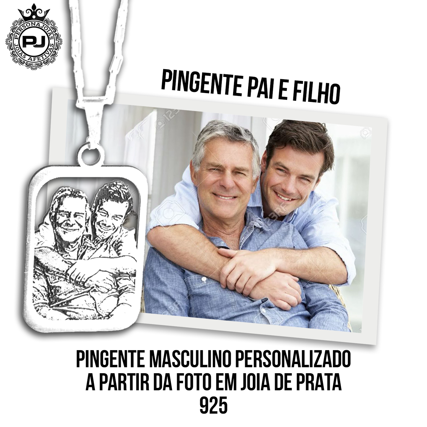 Corrente Masculino Elo Cartier + Pingente personalizado com foto em baixo relevo vazado. em prata 925