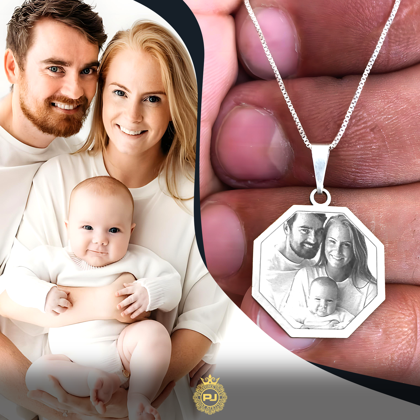 Colar Fotogravação Medalha Formato OITAVADO em Prata 925