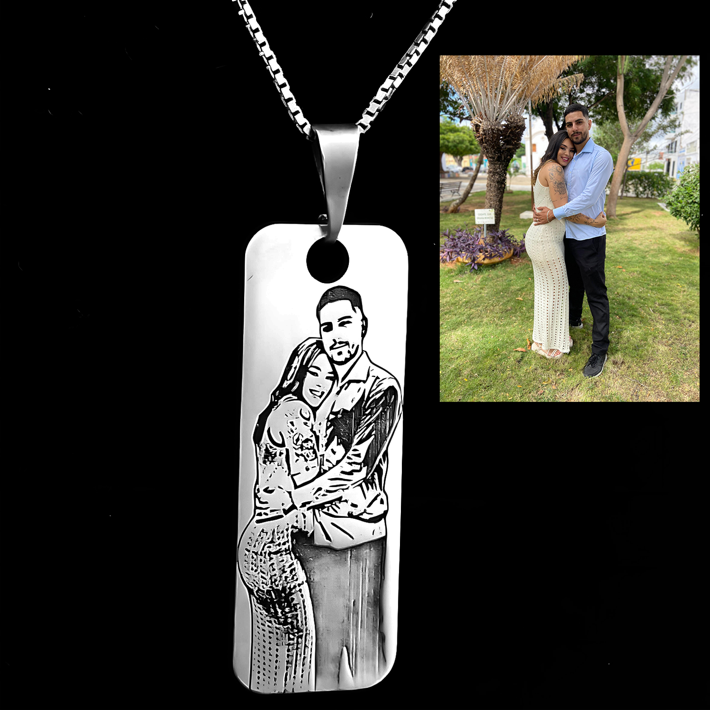 Pingente Retangular Personalizado com Foto em Baixo-Relevo em Prata 925 + Corrente Veneziana 45cm